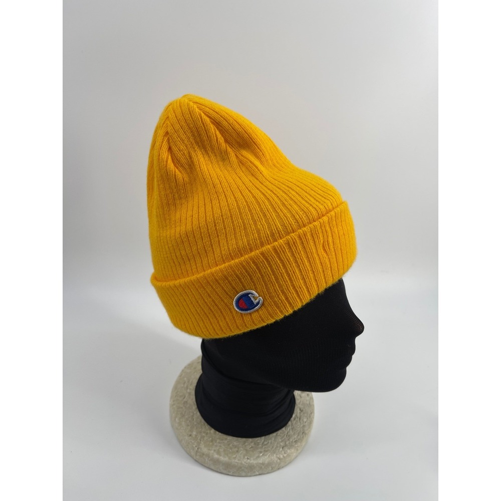 Champion Yellow Ribbed Knit Beanie Hat Embroidered C Logo OSFA 1158-0822